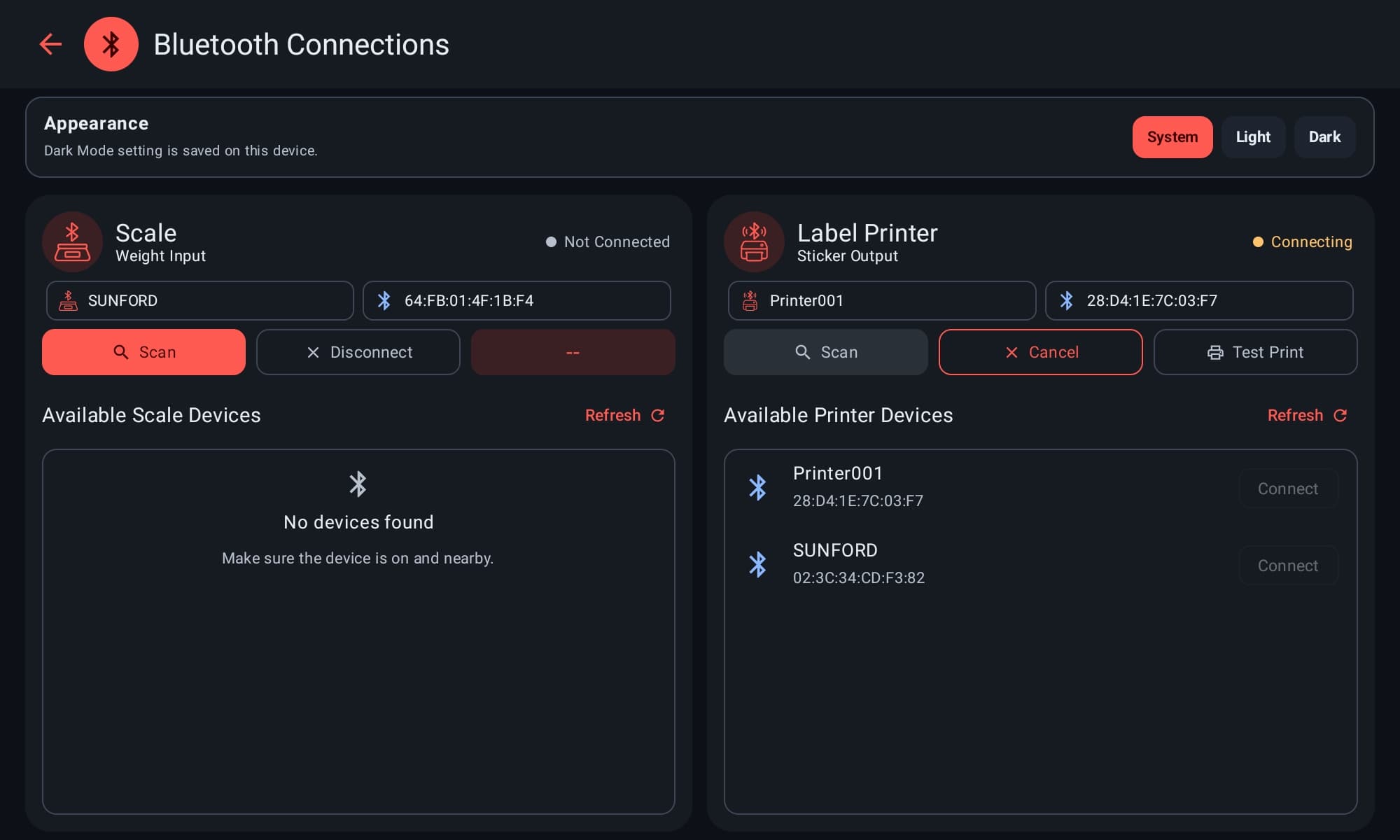 หน้าจอ Bluetooth Connections แบบ dark mode สำหรับเชื่อม Scale และ Label Printer