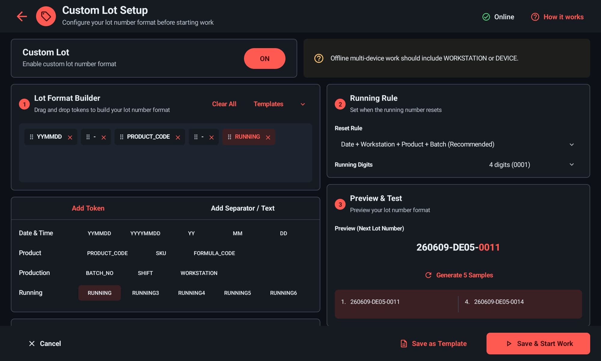 หน้า Custom Lot Setup แบบ dark mode สำหรับสร้างรูปแบบเลข lot และ preview ตัวอย่าง