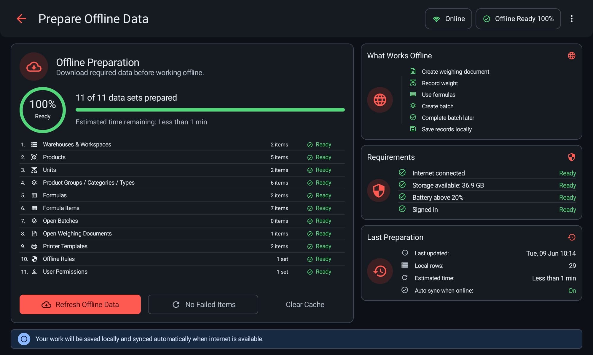 หน้า Prepare Offline Data แบบ dark mode ที่แสดงความพร้อมของข้อมูลสำหรับการทำงาน offline