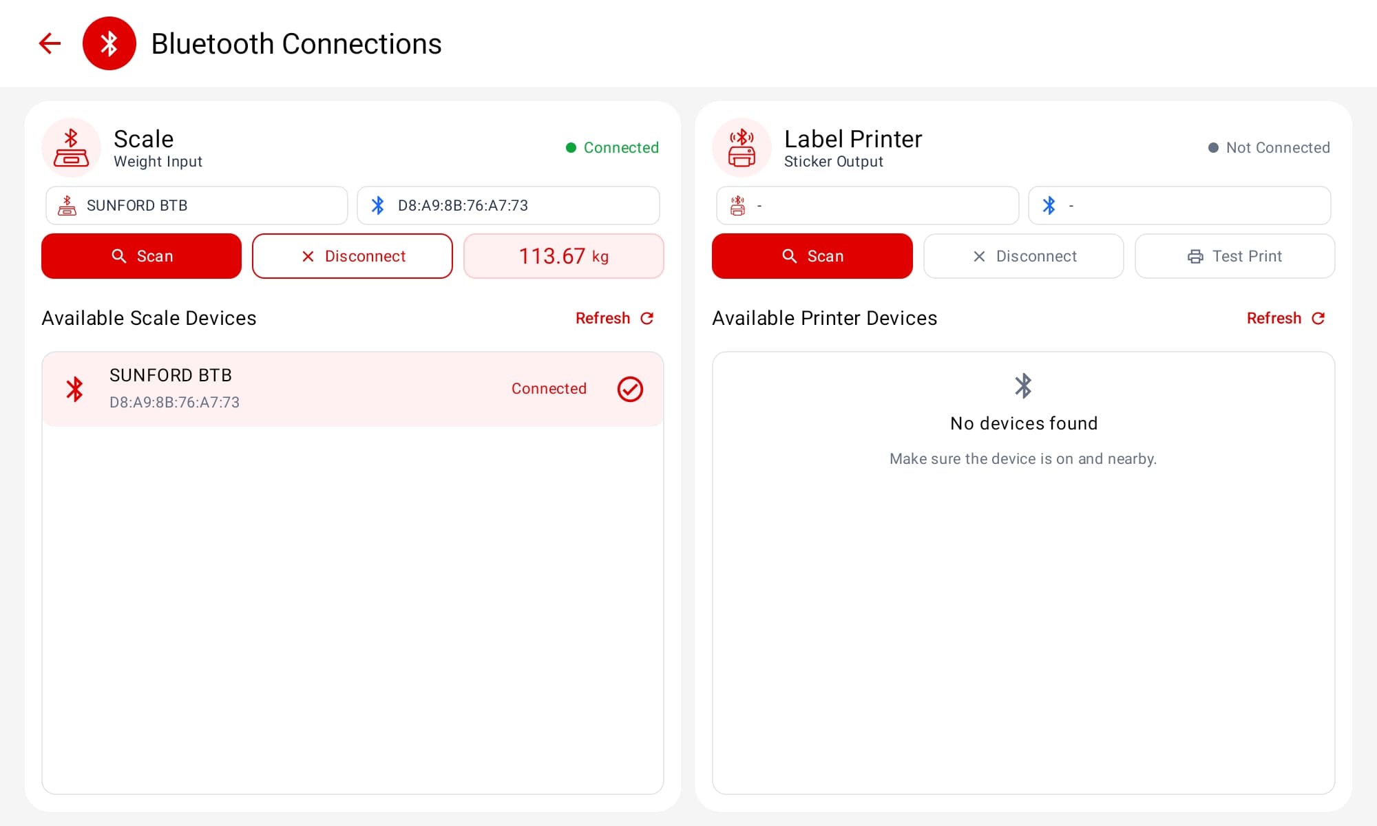 หน้าจอ Bluetooth Connections แยกเครื่องชั่งและเครื่องพิมพ์ฉลาก