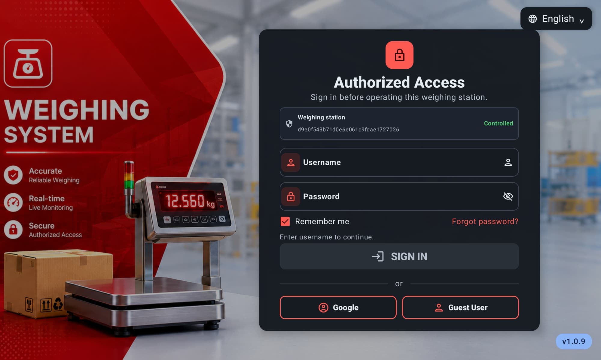 หน้า Authorized Access แบบ dark mode พร้อมข้อมูล Weighing station