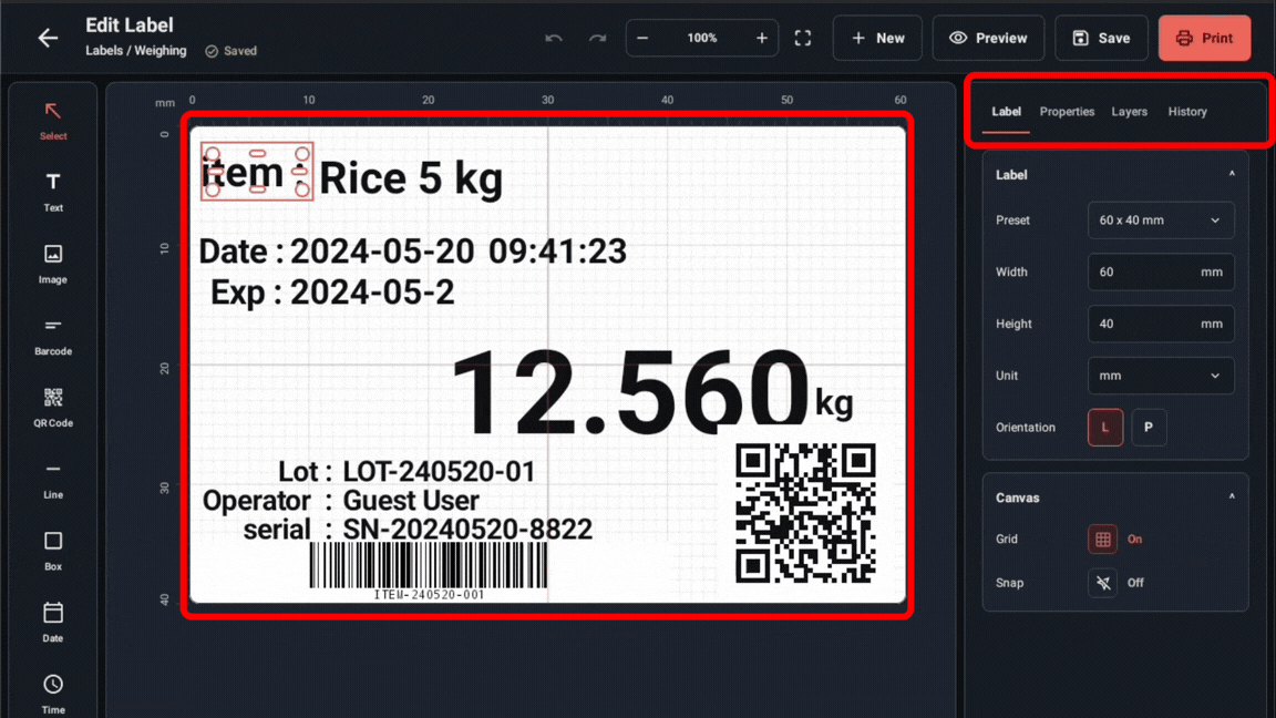 ภาพสาธิตการออกแบบฉลากใน WeWeigh บน Android แบบเคลื่อนไหว